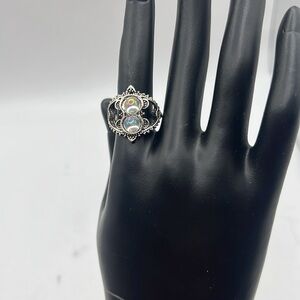 Silver Tone Ring Jewelry Iridescent Stone Filigree Statement Bulky Boho
